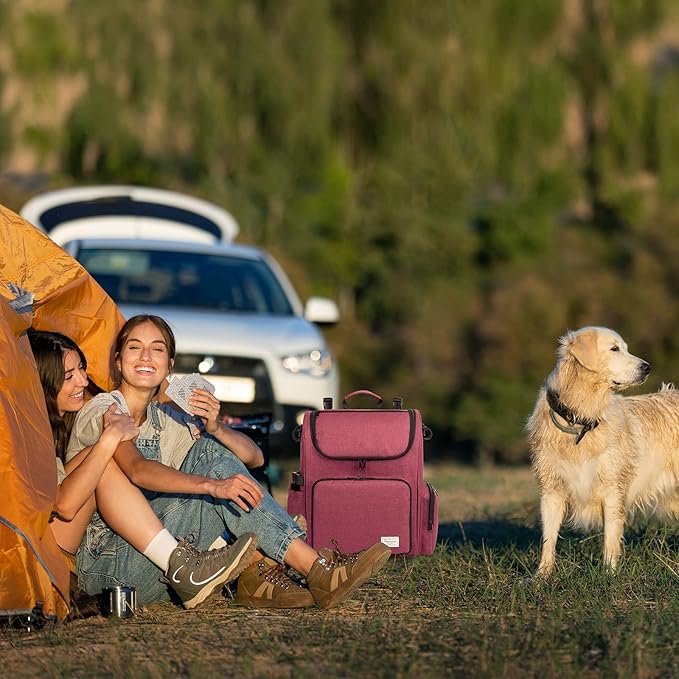 Modoker Dog Travel Bag Backpack, Airline Approved Pet Accessories Organizer for Dog and Cat with Shoulder Strap, 2 Dog Food Storage Containers, 2 Collapsible Dog Bowls,1 Pet Mat, Rose Red-Mewly Pet