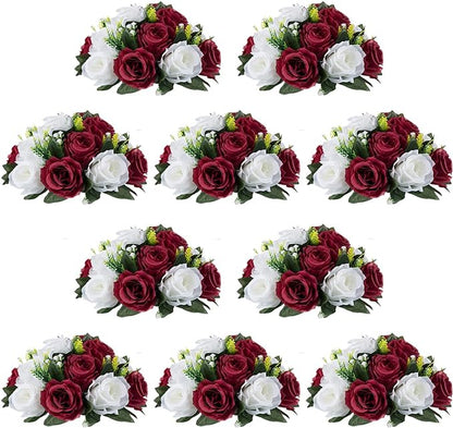 NUPTIO Flower Wedding Centrepieces for Tables - 10 Pcs 9.5in Diameter Burgundy & White Artificial Flowers Rose Ball for Centerpieces Table - Fake Rose Arrangements for Weddings Birthday Party Decor