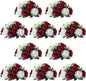 NUPTIO Flower Wedding Centrepieces for Tables - 10 Pcs 9.5in Diameter Burgundy & White Artificial Flowers Rose Ball for Centerpieces Table - Fake Rose Arrangements for Weddings Birthday Party Decor