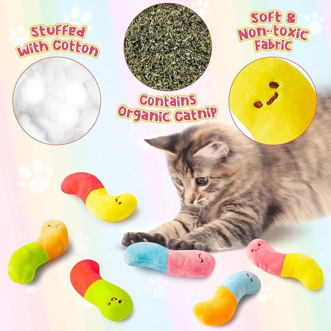 L1rabe Worm Candy Catnip Stuffed Toys - 6P Colorful Worm Organic Cat Toys Funny Indoor Chew Bite Kick Tools, Interactive Pet Supplies Cat Lovers Kittens Birthday Presents Pet Christmas New Year Gifts-Mewly Pet