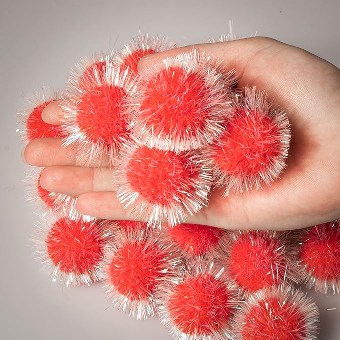 VAPKER 30 Pcs Cat Ball Toys Sparkle Balls Extra Large 2 Inch Cat's Favorite Chase Glitter Ball Glitter Tinsel Pom Poms Balls Red Color-Mewly Pet