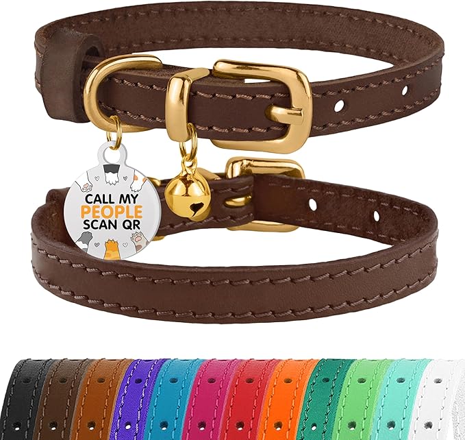BRONZEDOG Leather Cat Collar with Removable Bells Non Breakaway Kitten QR Tag for Girl Boy (9" - 12" Cats/Mini Dogs, Dark Brown & Gold)-Mewly Pet