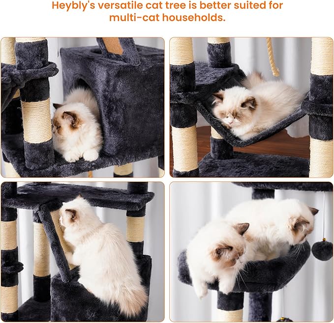 Heybly Cat Tree, 68 inch Multi-Level Cat Tower for Indoor Cats, 2 Widened Plush Perches Cat Condo with Scratching Board and Big Caves, Smoky Gray HCT025G-Mewly Pet