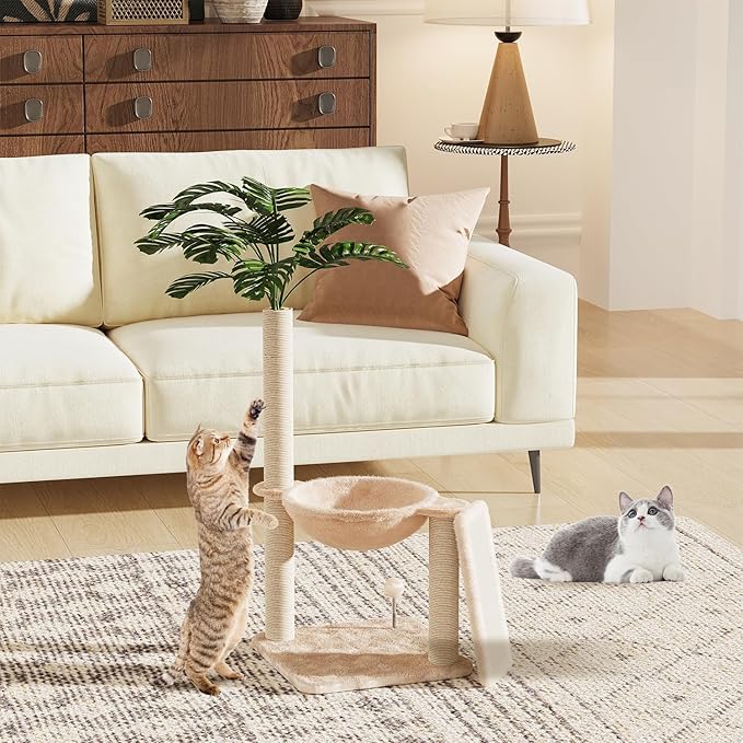 Small Cat Tree, Green Cat Tree with Scratching Post, Hammock Toy Ball and Palm Leaves for Kittens, Cat Tower for Indoor-Mewly Pet