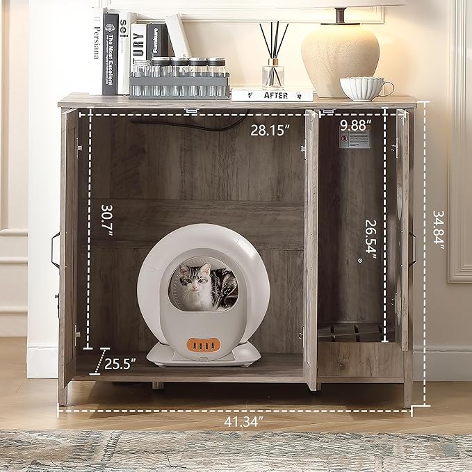 Cat Litter Robot Enclosure, Automatic Litter Box Enclosure for Litter Robot 3/4,Cat-Exclusive entrace for Dog Proof and Fun,Charging Station for cat Litter Cabinet,Litter Collector and Lock,Grey-Mewly Pet