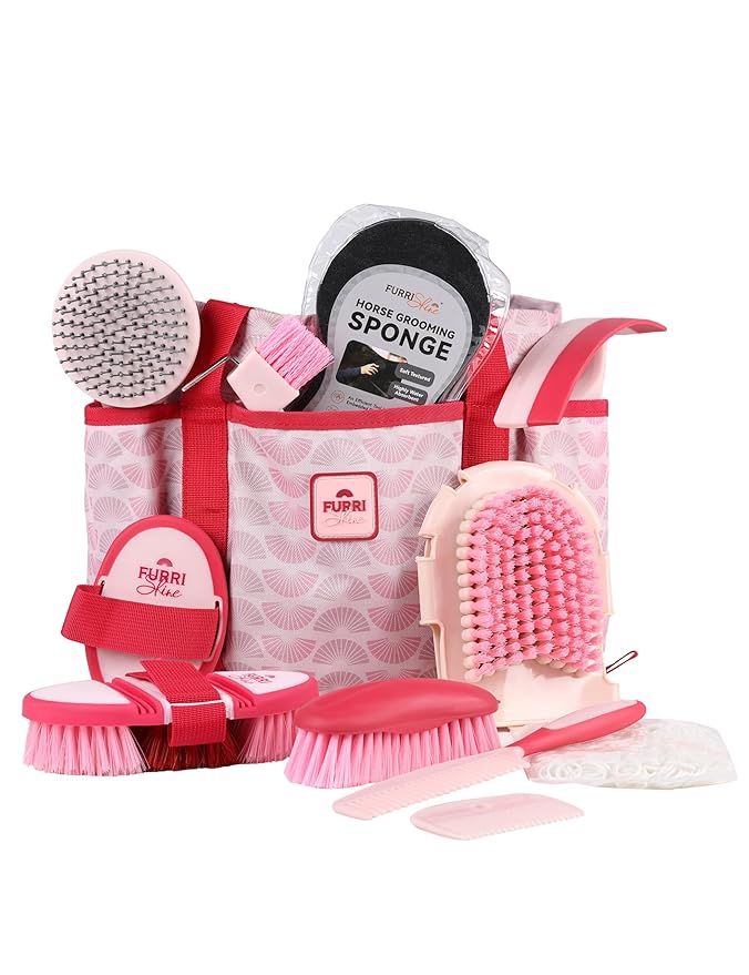 11PCS Horse Grooming Kit Curry Comb Sweat Scraper Horse Bathing Supplies Grooming Tools with Storage Bag Pink Garnet-Mewly Pet