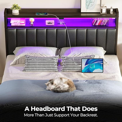 Rolanstar Headboard for Full Size Bed with Storage, 60,000 DIY Color of LED Light, Head Board with USB & Type C Port, Height Adjustable, Black Upholstered Cabeceras de Cama Comfortable Modern, Leather