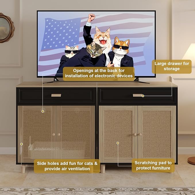 Cat Litter Box Enclosure Furniture Hidden Indoor 2-in-1 Wooden Cat House & Washroom Cabinet with Scratching Board Doors and Drawer, 31.5"x15.7"x34.6"H - Black-Mewly Pet