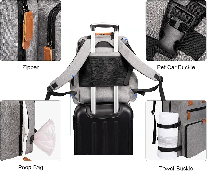 Modoker Dog Travel Bag, Airline Approved Backpack for Pet Accessories Organizer, Tote Weekend Bag with 2 Dog Food Storage Containers, 2 Collapsible Dog Bowls, 1 Pet Mat, Grey-Mewly Pet