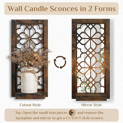 Wall Candle Holder for Farmhuose Decor: Decorative Rustic Folating Shelves Candle Sconces for Pillar Candles - Brown Wood Wall-Mounted Candle Shelf for Bathroom Fireplace