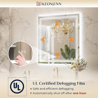 Keonjinn Bathroom LED Mirror 30 x 30 Inch Frontlit and Backlit, Tempered Glass Stepless 3 Colors Temperature & Dimmable Square Wall Mirror, UL Listed LED Driver, Double LED Strips, Anti-Fog