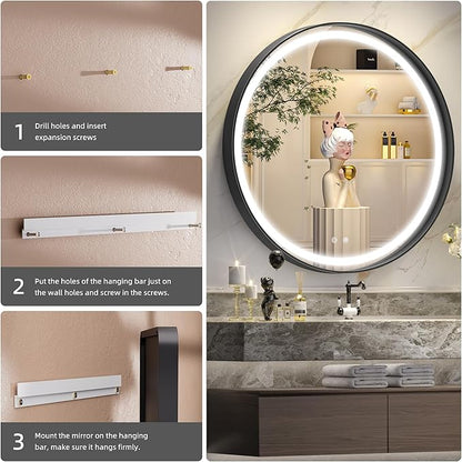 Hasipu 32 Inch Round LED Mirror for Bathroom with Lights, Black Circle Vanity Mirror for Wall, Metal Framed Frontlit Bathroom Mirrors Anti-Fog, Dimmable, 3 Colors Lighted Makeup Mirror Wall Mounted