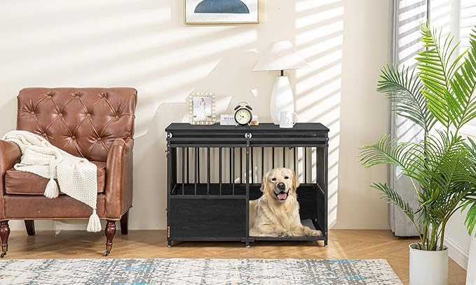 KOOPRO 40 Inch Dog Crate Furniture with Cushion for Small Medium Dogs, Wooden Heavy Duty Dog Kennel with Double Doors, Decorative Pet House Dog Cage Side End Table Indoor, Sliding Door Chew-Resistant-Mewly Pet