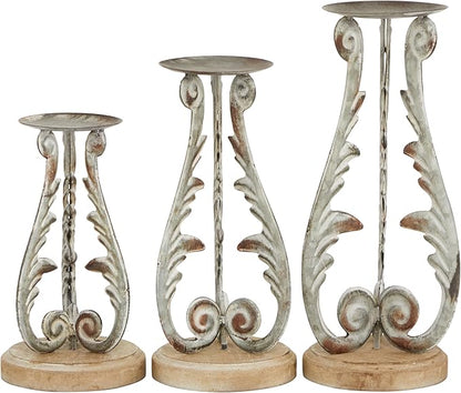 Deco 79 Metal Solid Candle Holder, Set of 3 14", 12", 10"H, Silver