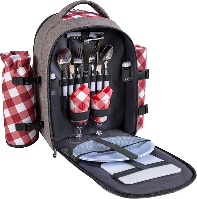 apollo walker Picnic Backpack Bag with Cooler Compartment, Detachable Bottle/Wine Holder, Fleece Blanket, Plates and Cutlery Set (2 Person, Gray)-Mewly Pet