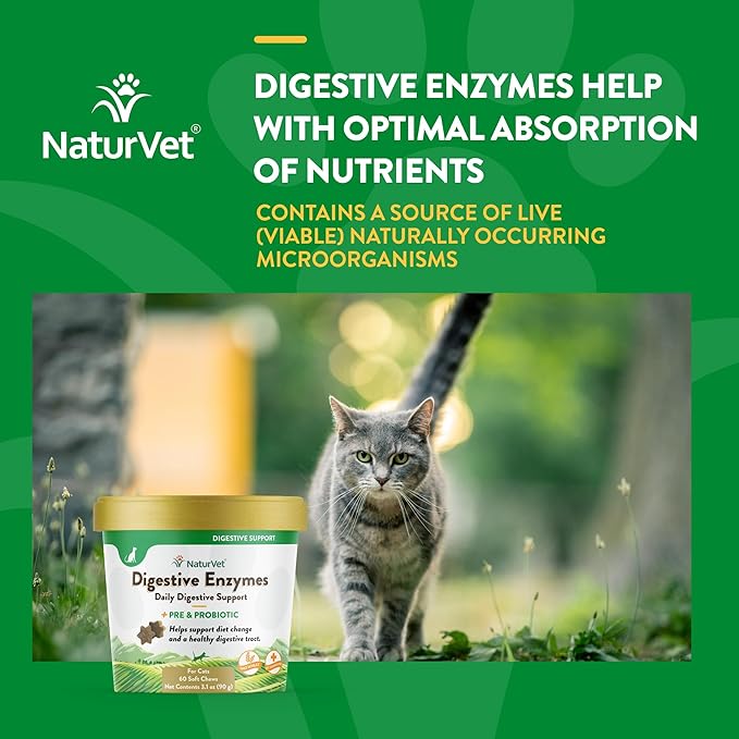NaturVet – Digestive Enzymes for Cats Plus Probiotics – 60 Soft Chews – Helps Support Diet Change & A Healthy Digestive Tract – Aids in The Absorption of Vitamins & Minerals – 30 Day Supply-Mewly Pet