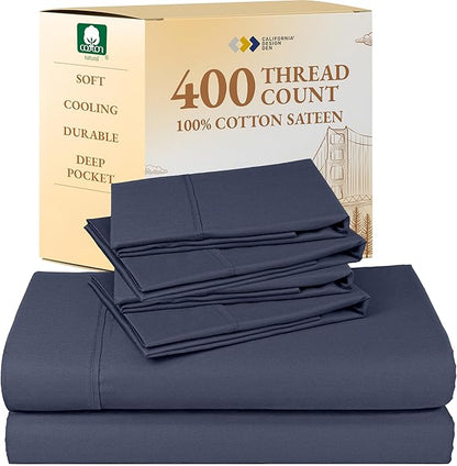 California Design Den 6-Pc Queen Size Sheet Set with 4 Pillowcases - 400 Thread Count 100% Cotton Sheets, Cooling Sateen Weave, Luxury Deep Pocket Bedsheets Set - Indigo Dusty Blue