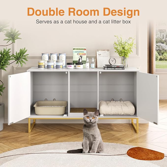 Litter Box Enclosure for 2 Cats, Fluted Hidden Cat Litter Box Furniture with Scratch Pad and Metal Legs, Modern Double Room Kitty House for Living Room, Washroom, 47.2”L x 17.7”W x 25.9”H, White-Mewly Pet