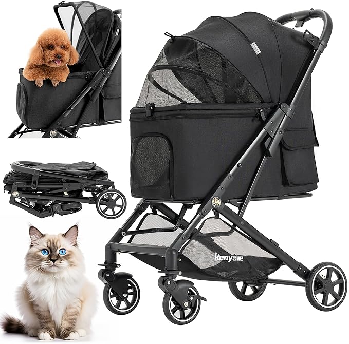 Medium Dog Stroller, Kenyone Pet Stroller for Medium Dogs Up to 55lbs, Lightweight Aluminum Frame, One Click Folding, Large Cat Stroller with No Zip Entry, Detachable Mesh, Multiple Pockets-Mewly Pet