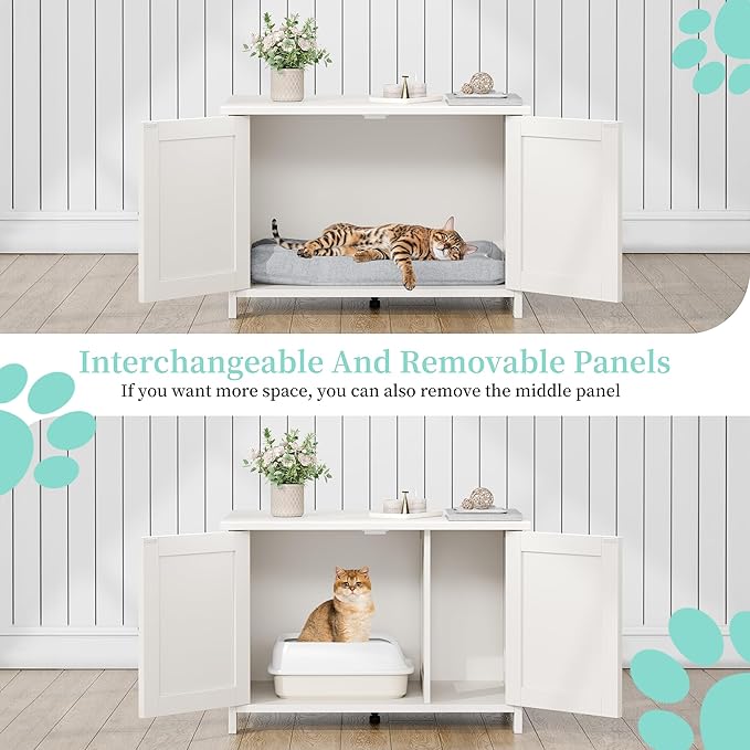 Vongrasig Cat Litter Box Enclosure,Litter Box Furniture Hidden with Barn Door,Wooden Cat Washroom Furniture,Cat House,End Table, Fit Most of Litter Box, White-Mewly Pet