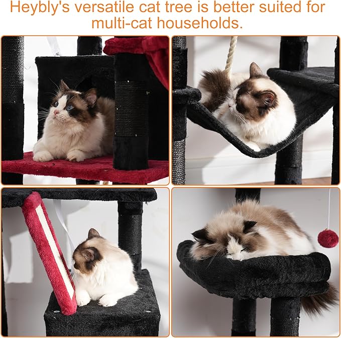 Heybly Cat Tree, 68 inch Multi-Level Cat Tower for Indoor Cats, 2 Widened Plush Perches Cat Condo with Scratching Board and Big Caves, Black and Red HCT025BR-Mewly Pet