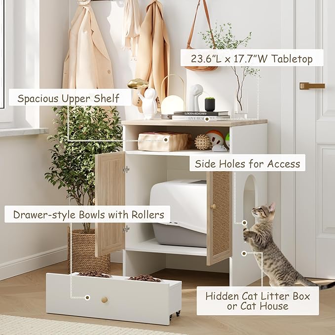 Cat Litter Box Enclosure Furniture Hidden - Indoor 3-in-1 Wooden Cat House & Washroom Cabinet with Scratching Board Doors, Shelf and Feeder Bowls, 23.6”x17.7”x32.7”H-Mewly Pet