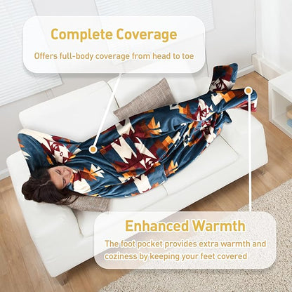 Catalonia Wearable Fleece Blanket with Sleeves and Foot Pockets for Adult Women Men, Micro Plush Comfy Wrap Sleeved Throw Blanket Robe Large, Southwest Blue