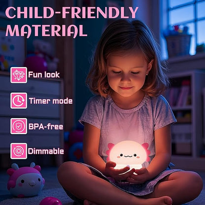 Axolotl Gifts, Cute Axolotl Night Light, Animal Silicone Nursery Lamp with Dimming and Timing Function, Cute Axolotl Decor Lights