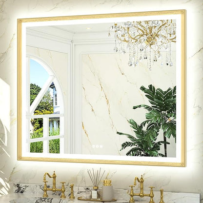 TETOTE 48x40 LED Bathroom Mirror with Lights Gold Metal Framed Front & Back Light Vanity Mirror Baroque Antifog Stepless Dimmable White/Warm/Natural,CRI90+,Waterproof,Wall Mounted(Horizontal/Vertical)