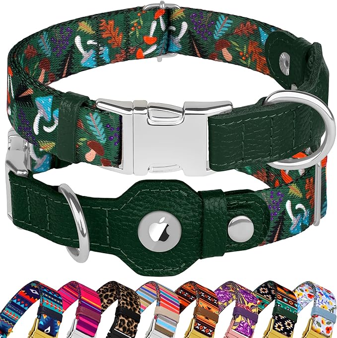 AirTag Dog Collar for Small Medium Large Breed - Adjustable Cute Pattern Dog Collar with Airtag Holder - Soft Leather Tracker GPS Apple Air Tag Pet Collars (Medium, 14"-18" Neck Fit, Mushroom)-Mewly Pet