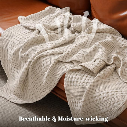 PHF 100% Cotton Waffle Weave Throw Blanket, Soft Lightweight Breathable Cozy Throws for Couch Bed Sofa, Luxury Aesthetic Woven Blanket for Home Decor & Office, 50"x60", Oatmeal