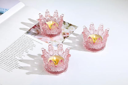 Vixdonos Votive Candle Holders Set of 6 Crown Glass Tealight Candle Holder for Wedding, Party and Home Decor (Pink)