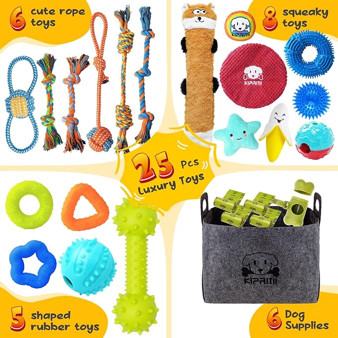 KIPRITII Puppy Toys for Dog Teething -25 Pack Various Puppy Chew Toys with Rope Toys, Dog Treat Balls & Squeaky Toy for Puppy and Small Dogs-Mewly Pet