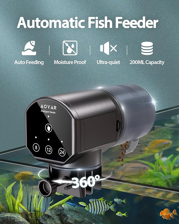 Automatic Fish Feeder Dispenser for Aquarium: 200ml Large Capacity Auto Feeders for Small Tank Turtle Betta Koi - Battery Food Feeding Timer for Flakes Pellet Vacation Weekend Day-Mewly Pet