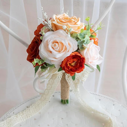 Wedding Bouquets for Bride Bridesmaid, Artificial Burnt Orange Bride Flower Bouquet for Wedding Church Decoration Ceremony, Anniversary, etc, Roses Flowers