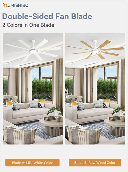 ZMISHIBO 72 inch White Ceiling Fans with Lights and Remote, Indoor/Outdoor Ceiling Fan for Patio Living Room, 6 Speed Reversible Quiet DC Motor, 3 CCT, Dual Finish Blades