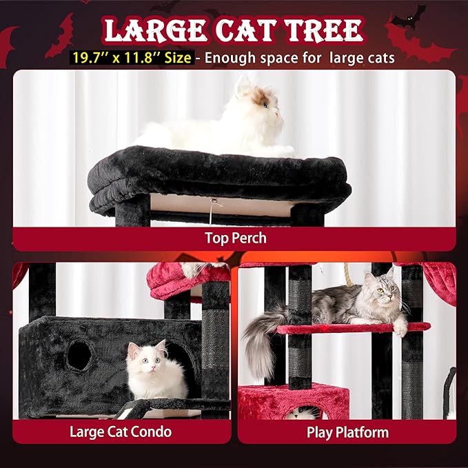 Gothic Cat Tree for Large Cats, 78.7"(200cm) Tall Cat Tower for Indoor Cats Multiple Cats with Large Top Perch, Cat Condo, Cat Hammcok, Cat Scratching Post, Black and Red GCT031BR-Mewly Pet