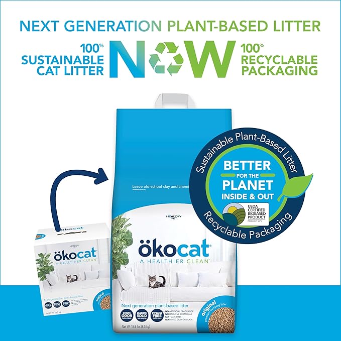 ökocat Original Wood Clumping Cat Litter, Unscented, 18.8 pounds - Natural Ingredients, Stops Odor, Clumps Solid, 99% Dust Free, Great for All Cats-Mewly Pet
