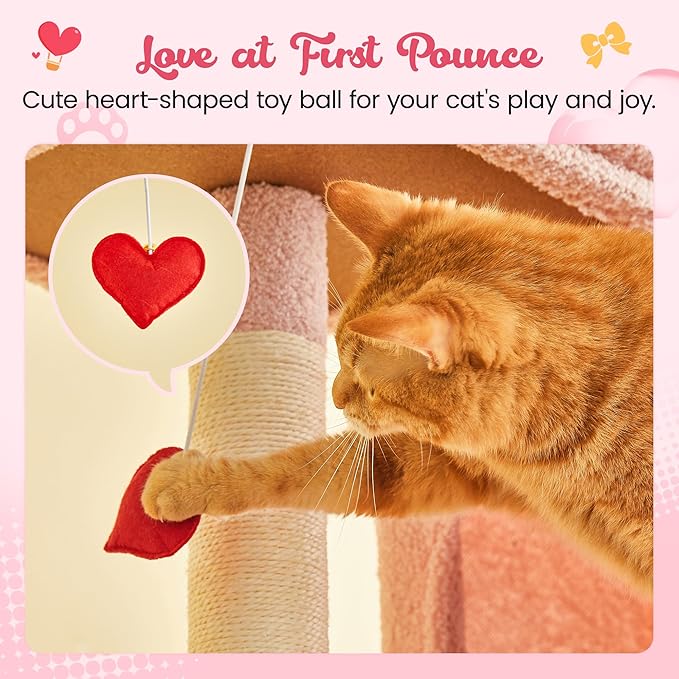 MWPO Cute Cat Tree, 70.1-Inch Tall Pink Cat Tower for Indoor Cats Large Adult, Multi-Level Cat Condo with 5 Scratching Posts, 2 Padded Perches, Hammock, Dangling Toys-Mewly Pet
