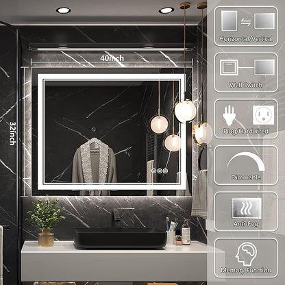 40x32 Inch Led Mirror for Bathroom with Front Light and Backlit, Dimmable Anti Fog Wall Bathroom Mirror with Led Lights, Water Proof, Decor Vanity Mirror