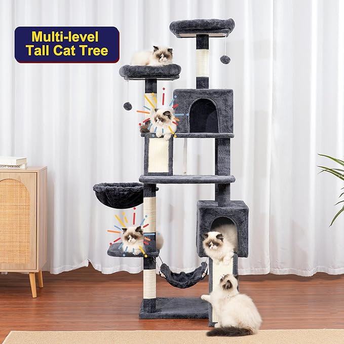 Cat Tree for Indoor Cats, 71'' (180cm) Multi-Level Cat Tower for Large Adult, Sturdy Cat Tree House with 2 Scratching Boards 7 Posts, 2 Plush Perches/Condos, Hammock, Smoky Gray GCT032G-Mewly Pet