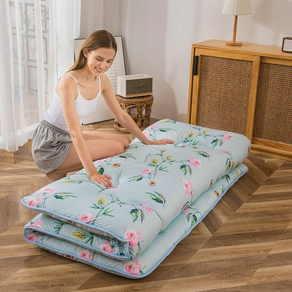 MAXYOYO Japanese Futon Mattress Floor Mattress Sleeping Pad Foldable Bed Roll Up Camping Cushion Floor Lounger Bed Couches and Sofas Couch Topper, Green Floral, Full Size