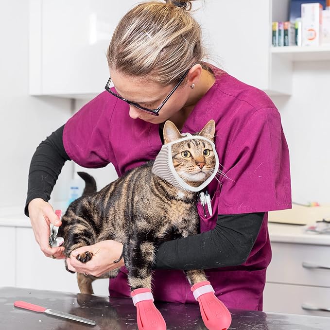 LEIFIDE 7 Pcs Cat Muzzle for Grooming Including 1 Muzzle Bathing 4 Boots 2 Nail Clippers Trimmer Breathable Anti Bite Mask Shoes for Cats Anti Scratch Paw Covers for Pet Grooming Shaving Bathing-Mewly Pet