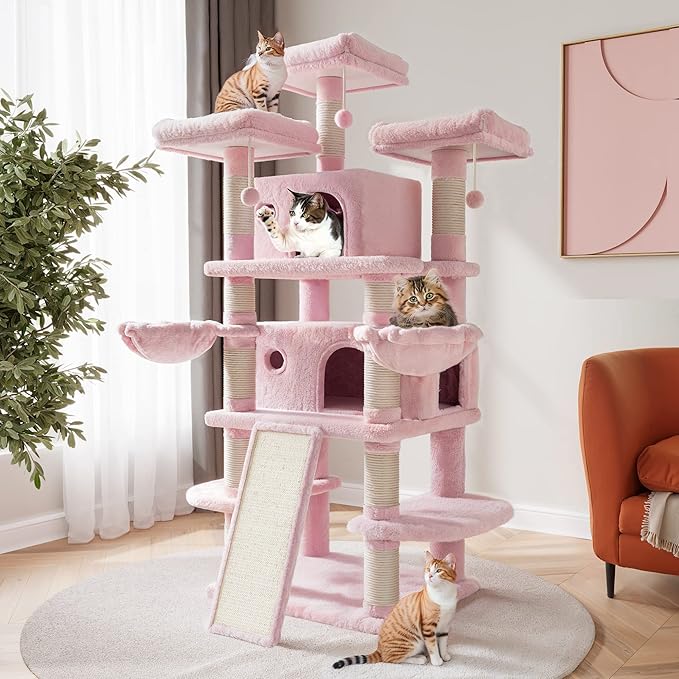 SHA CERLIN 68 Inches Multi-Level Large Cat Tree for Large Kitties/Big Cat Tower with Condo/Cozy Plush ‌Pussycat Perches/Sisal Scratching Posts and Hammocks/Activity Center/Pink-Mewly Pet