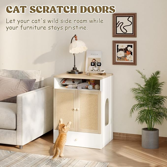 Cat Litter Box Enclosure Furniture Hidden - Indoor 3-in-1 Wooden Cat House & Washroom Cabinet with Scratching Board Doors, Shelf and Feeder Bowls, 23.6”x17.7”x32.7”H-Mewly Pet