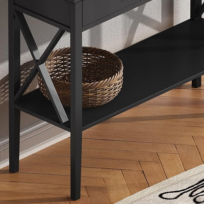 ChooChoo 47" Console Table with Drawers, Narrow Wood Accent Sofa Table Entryway Table with Storage Shelf for Entryway, Front Hall, Hallway, Living Room, Black