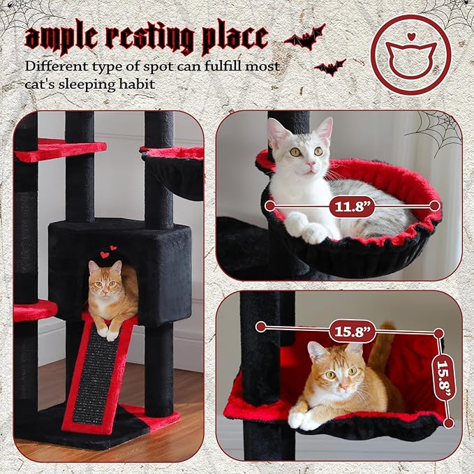 PEQULTI Tall Cat Tree, Floor to Ceiling Cat Tree Tower Adjustable [90.5''-100.4''=230-252CM] with Cat Condo, Hammock and Scratching Post, Gothic Cat Climbing Tree for Indoor Large Cats, Black-Mewly Pet
