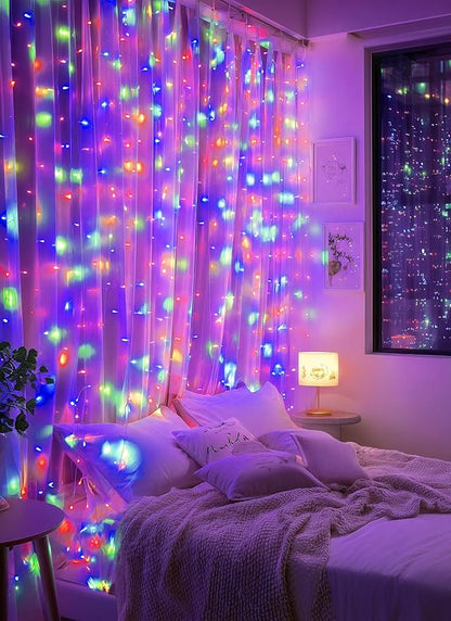 Brightown 300 LED Fairy Curtain Lights, 9.8ft x 9.8ft Multicolor Curtain String Lights, USB Plug in 8 Lighting Modes Christmas String Hanging Lights with Remote for Bedroom Indoor Outdoor Party Xmas