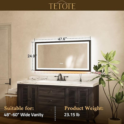 TETOTE 48x24 LED Bathroom Mirror with Lights Gold Frame Frontlit & Backlit Lighted Vanity Mirror Baroque Anti Fog Dimmable White/Warm/Natural,CRI90+,Waterproof,Wall Mounted(Horizontal/Vertical)