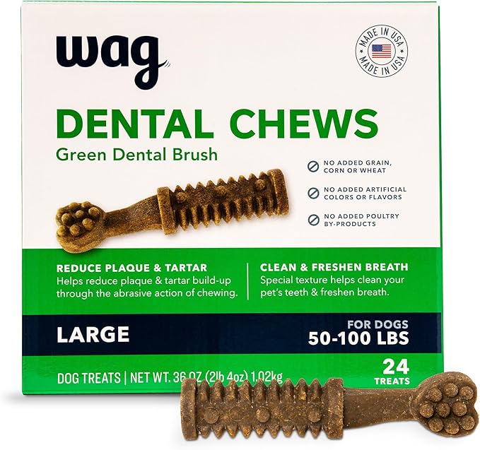 Amazon Brand - Wag Dental Chews - Green Dental Brush for Dogs, Large, Unflavored, 24 Count (Pack of 1)-Mewly Pet